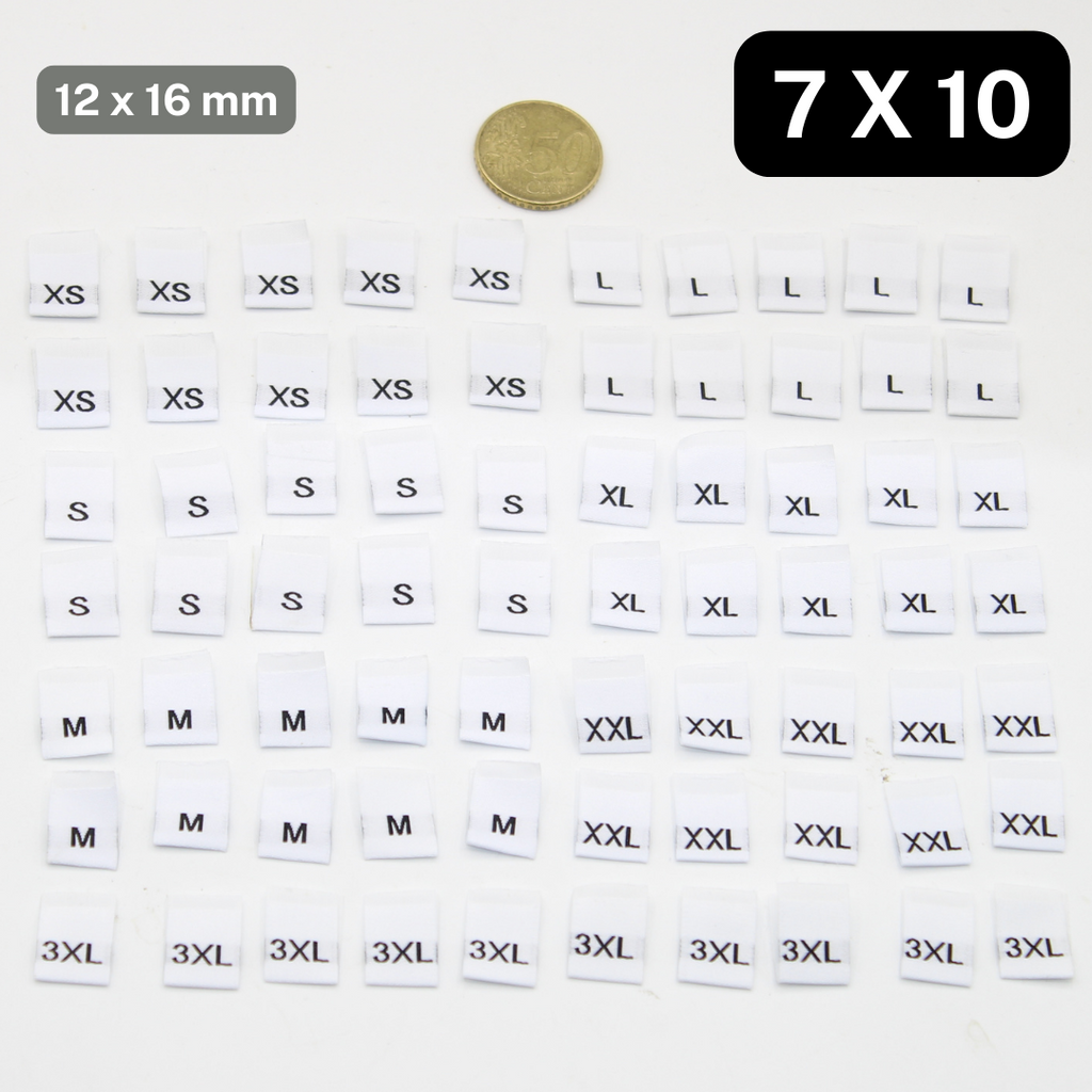Juego de 70 etiquetas de tamaño plegadas 12*16 mm, tamaño XS SML XL XXL 3XL, disponibles en negro o blanco