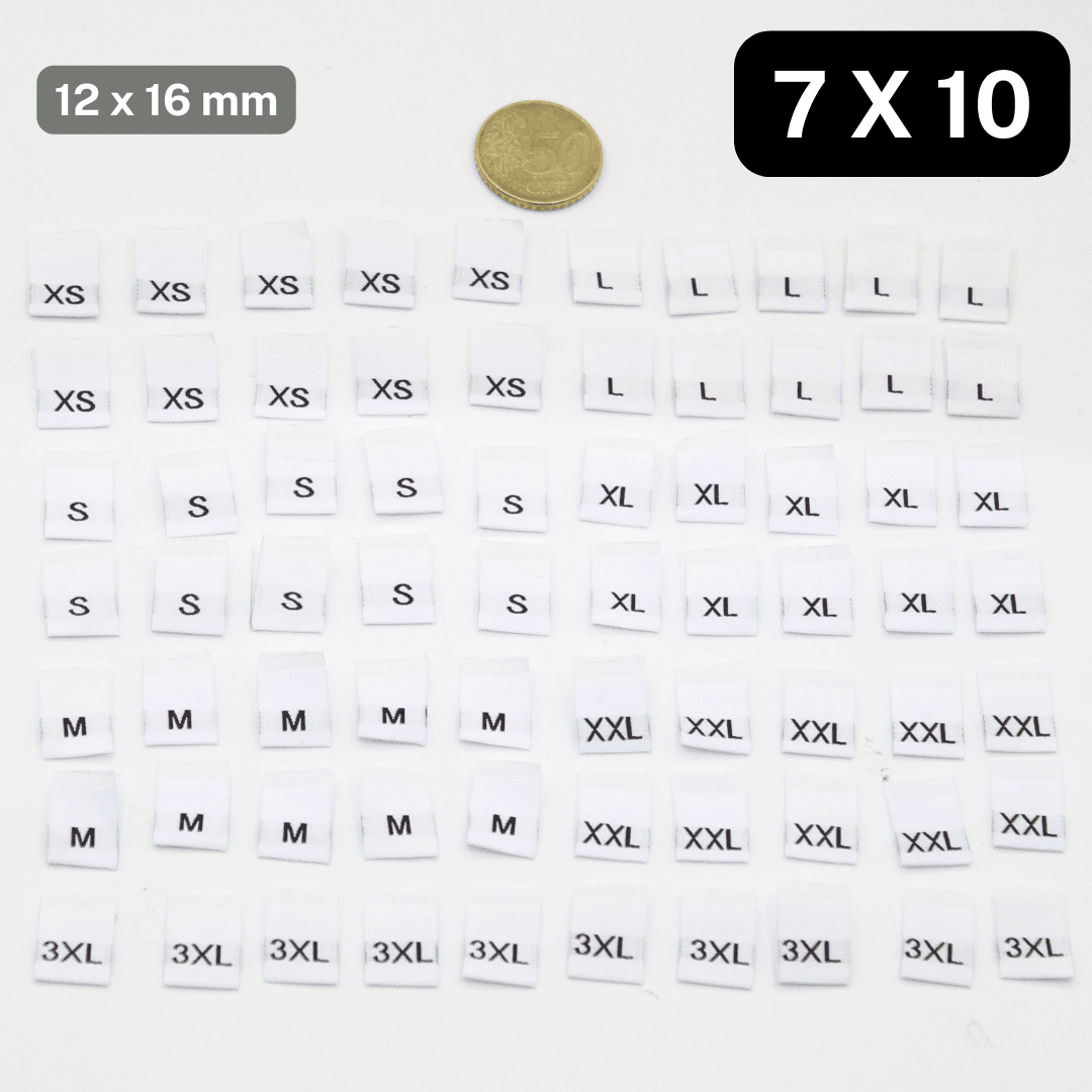 Set of 70 size Labels Folded 12*16mm , size XS S M L XL XXL 3XL , available in Black or in White