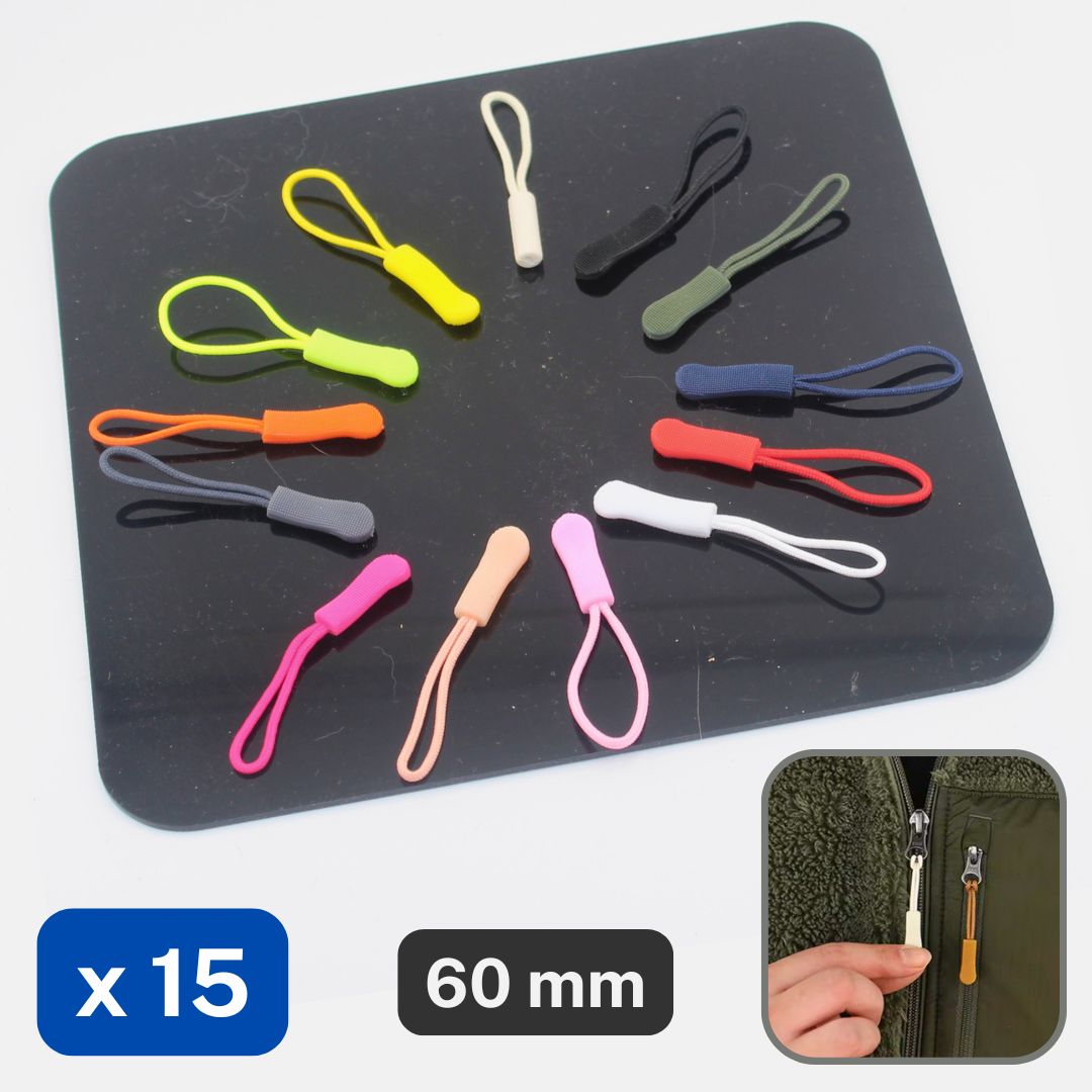 15 Zip Pullers, available in different colours, 60mm