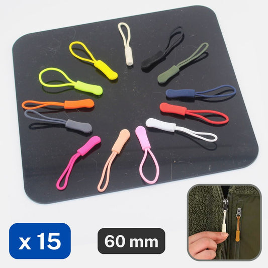 15 Zip Pullers, available in different colours, 60mm