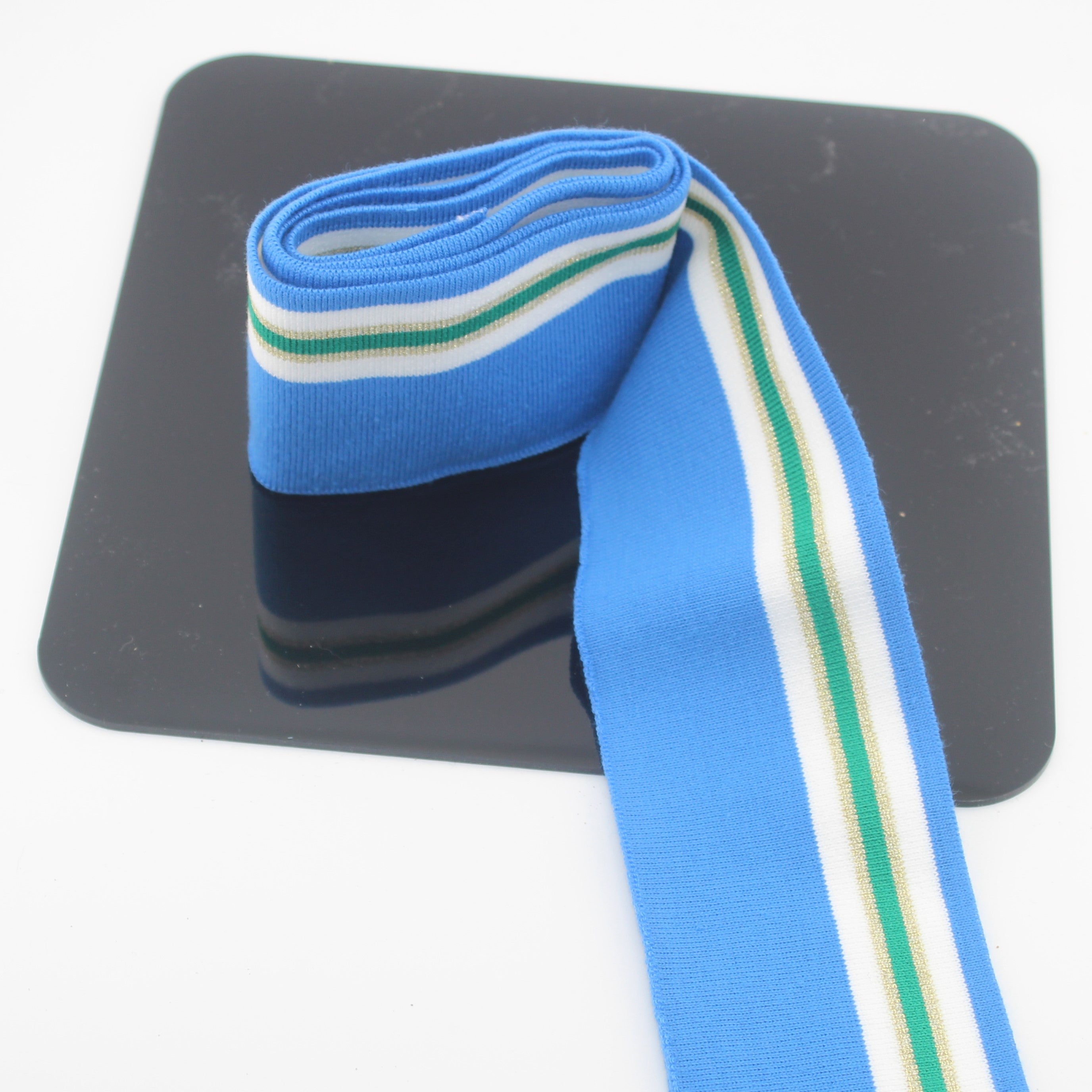 TIS1645 6cmx110cm Ribbing - Blue with White Gold Green stripes