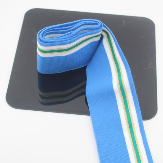 TIS1645 6cmx110cm Ribbing - Blue with White Gold Green stripes - ACCESSOIRES LEDUC BV