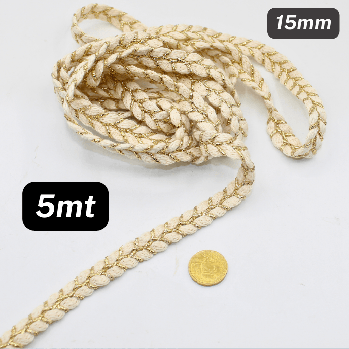 5 meters Pleated Trimming Cotton + Lurex , Ecru + Gold, Made in Italy, 15mm - ACCESSOIRES LEDUC BV