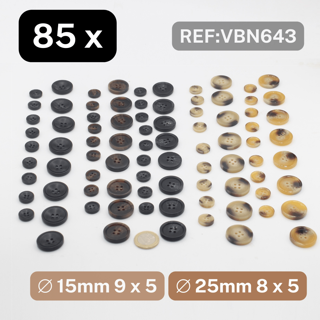 Bag of 85 buttons in 5 different colours, Size 25mm 8 pieces each, Size 15mm, 9 pieces each #VBN643 - ACCESSOIRES LEDUC BV