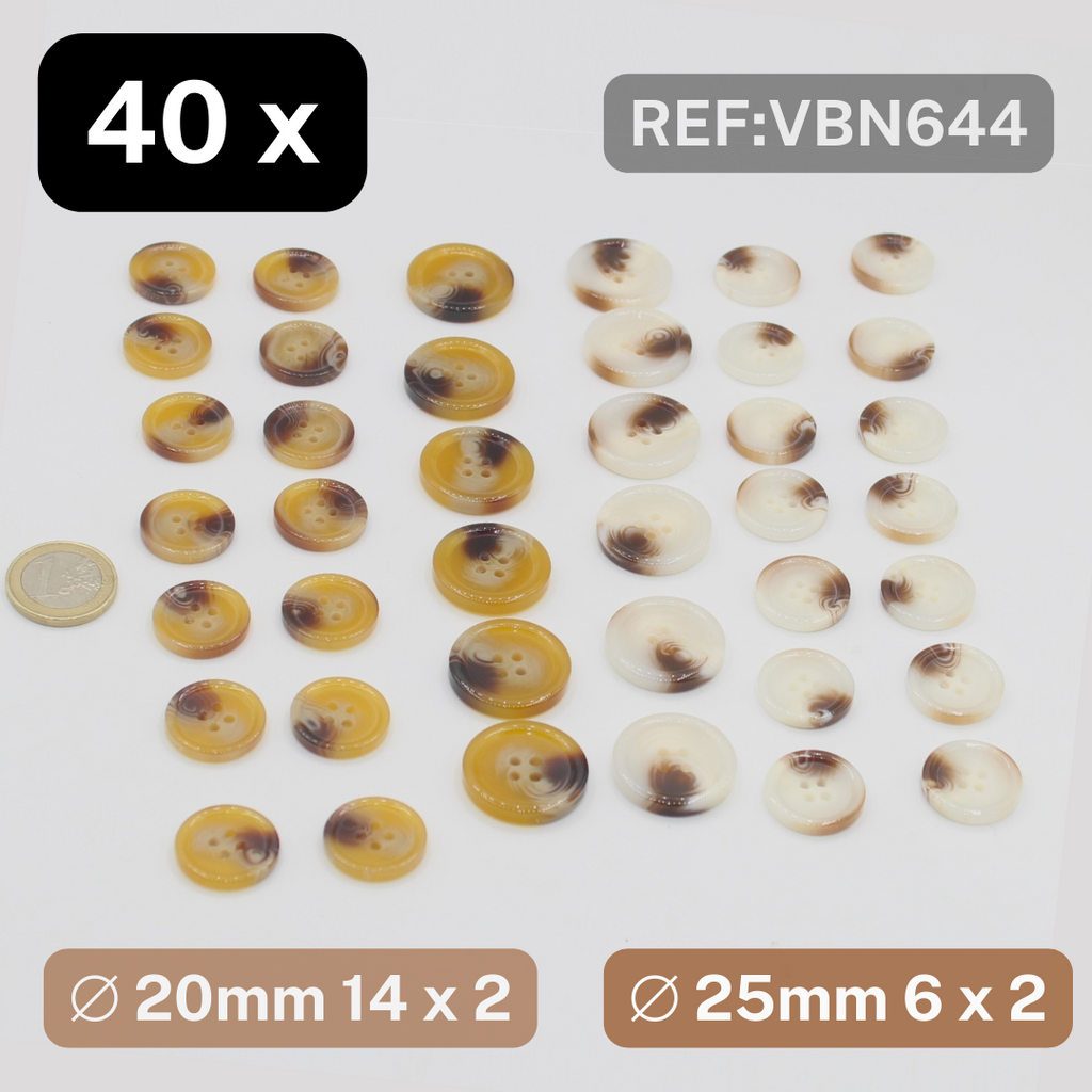 Beutel mit 40 Knöpfen in 2 verschiedenen Farben, Größe 25 mm, je 6 Stück, Größe 20 mm, je 14 Stück #VBN644