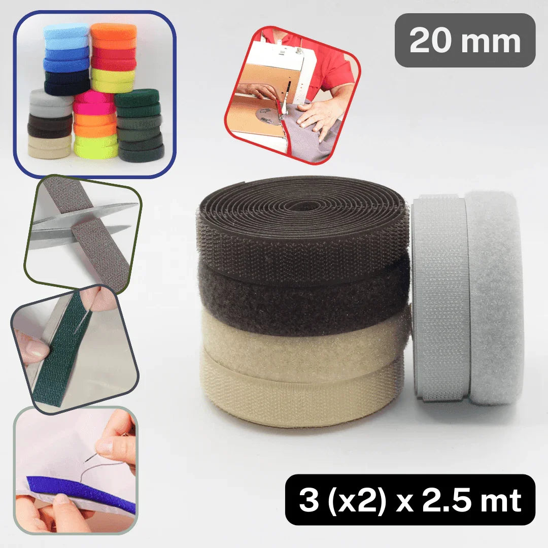 3 (x2) x 2.50 meters Colored Hook on Loop Tape (Velcro) - 20mm Mix of 3 colours #HNL500 - ACCESSOIRES LEDUC BV