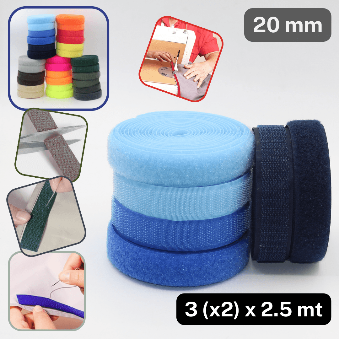 3 (x2) x 2.50 meters Colored Hook on Loop Tape (Velcro) - 20mm Mix of 3 colours #HNL500 - ACCESSOIRES LEDUC BV