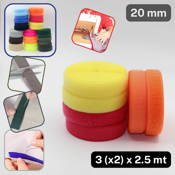 3 (x2) x 2.50 Meter farbiges Klettband (Klettverschluss) – 20 mm, Mischung aus 3 Farben #HNL500