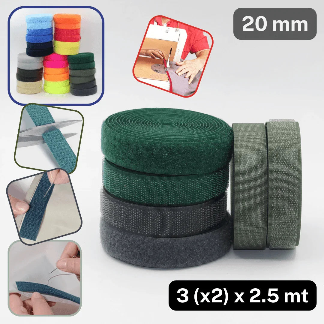 3 (x2) x 2.50 meters Colored Hook on Loop Tape (Velcro) - 20mm Mix of 3 colours #HNL500 - ACCESSOIRES LEDUC BV