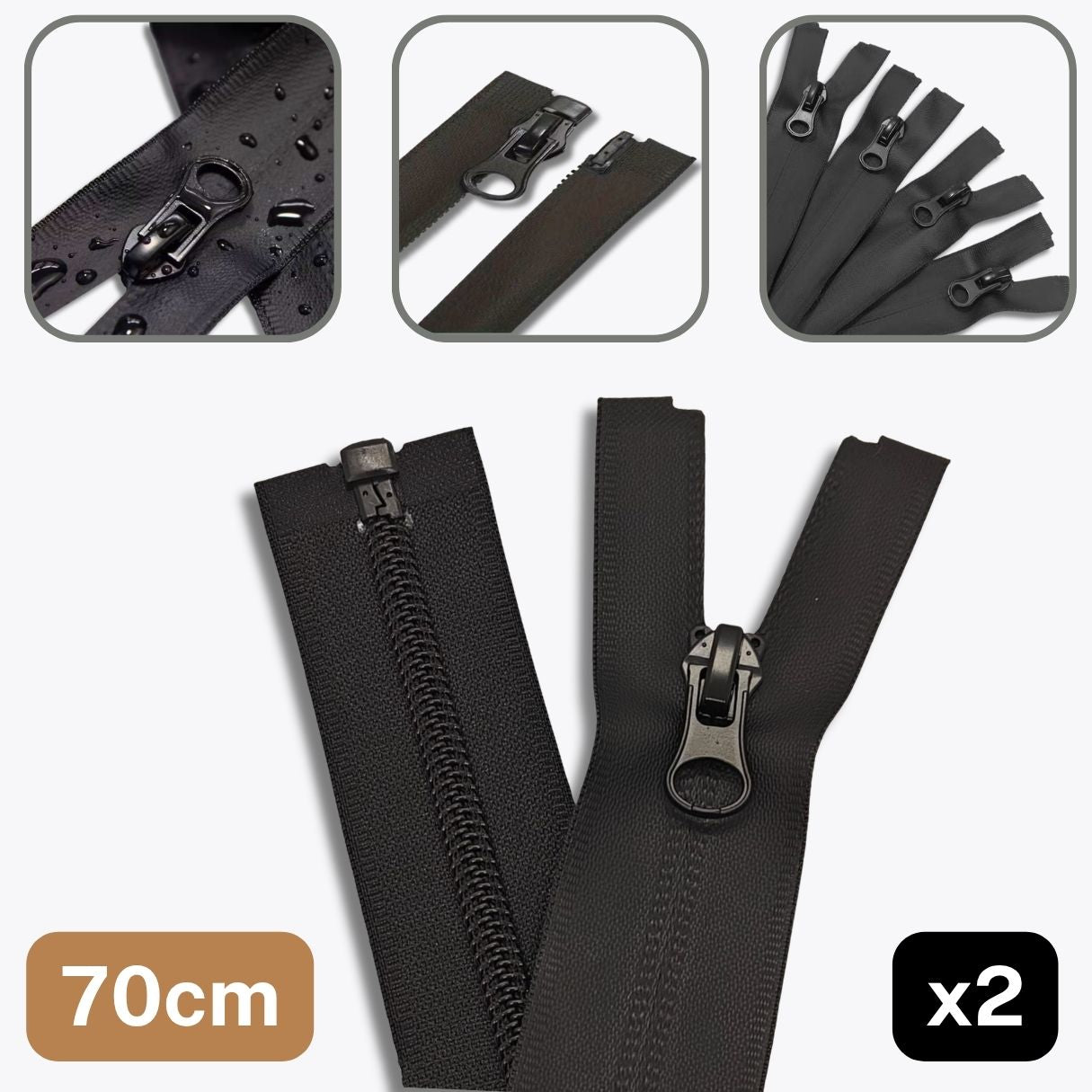 2 Waterproof Open-end Zippers, Black, 70 or 80cm