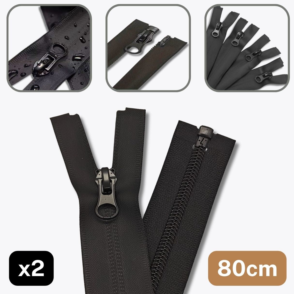 2 Waterproof Open-end Zippers, Black, 70 or 80cm