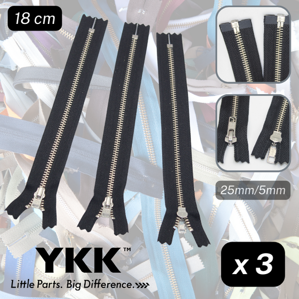 Conjunto de 3 cremalleras YKK negras - Diferentes estilos / tamaños disponibles