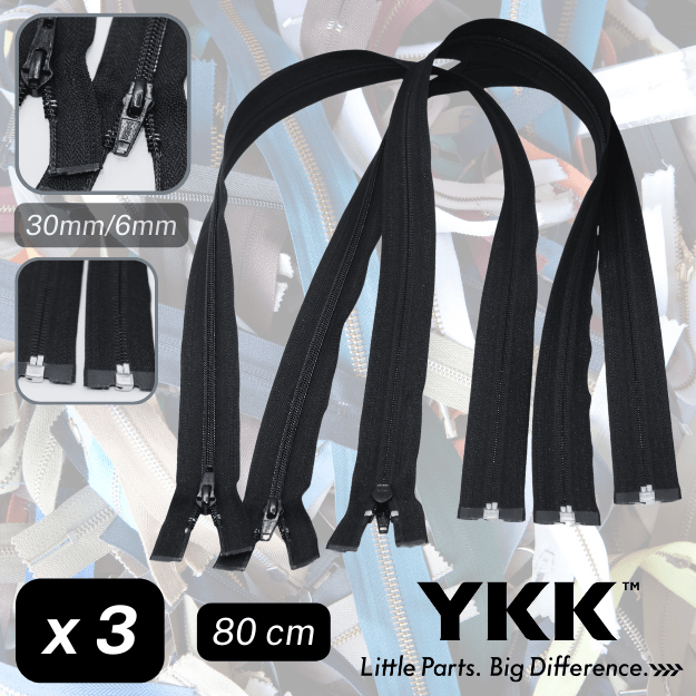 Set of 3 Black YKK Zippers - Different Styles / Sizes available