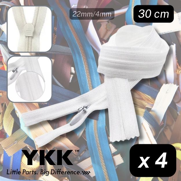 4 Fermetures éclair YKK - Fermetures éclair dissimulées invisibles blanches de 30 cm
