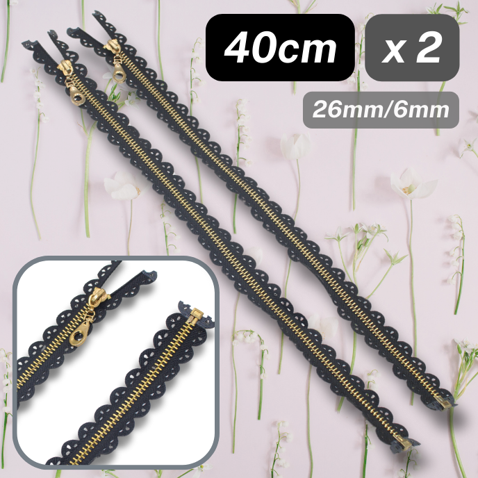 Set of 2 zippers Black with Gold Teeth, Laser cut design, 40cm, Open end