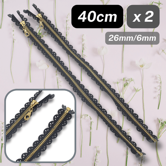 Set of 2 zippers Black with Gold Teeth, Laser cut design, 40cm, Open end - ACCESSOIRES LEDUC BV