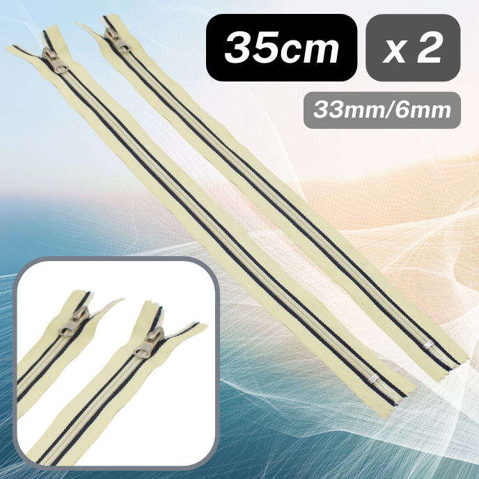 Set of 2 striped Zippers, Closed End, length 35cm, Width 33mm, Teeth 6mm