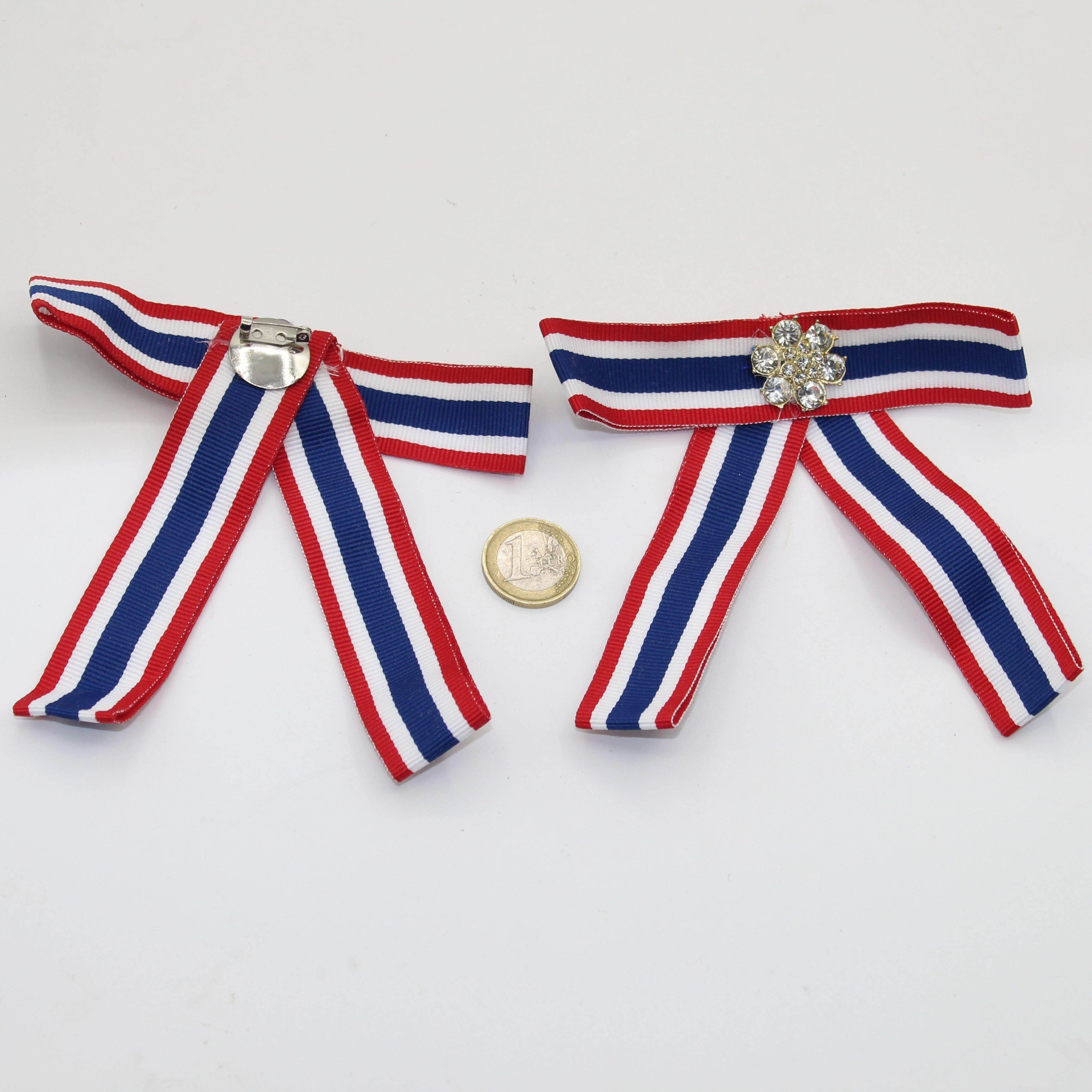 Set of 2 Bows with Safety Pin Blue White Red with Strass 12*12cm - ACCESSOIRES LEDUC BV