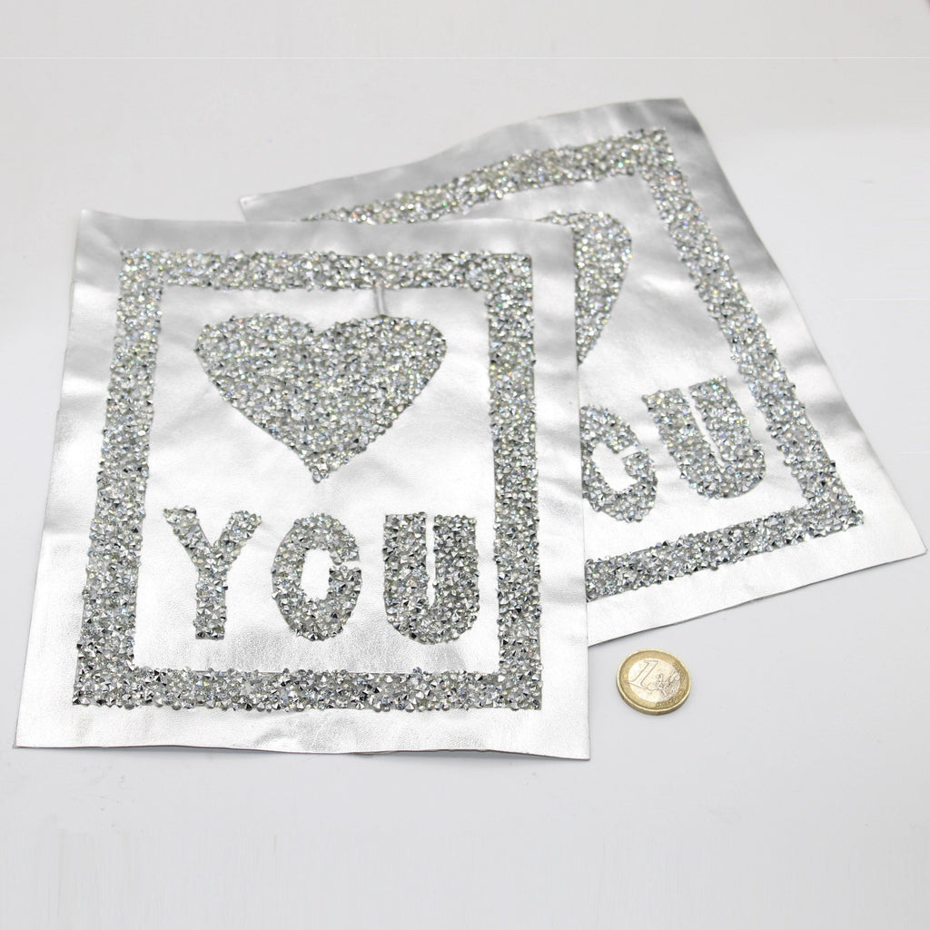 Set of 2 HotFix Silver PU with Strass "Heart" You 21*17cm - ACCESSOIRES LEDUC