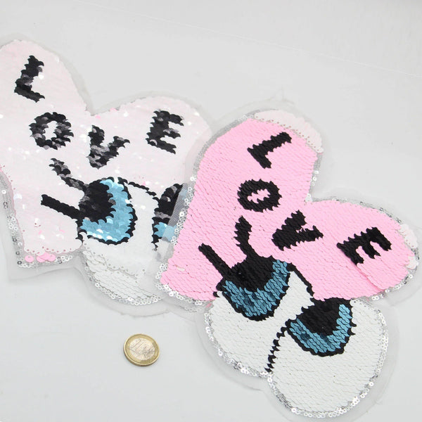 Set of 2 Magic Patches 23*21cm Sew On Reversible Hearts with LOVE Sequin - ACCESSOIRES LEDUC BV