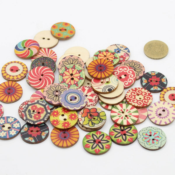 Mix of Printed Wooden Buttons size 15 20 or 25mm #KB2printedlot - ACCESSOIRES LEDUC BV