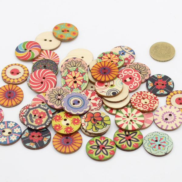 Mix of Printed Wooden Buttons size 15 20 or 25mm #KB2printedlot - ACCESSOIRES LEDUC