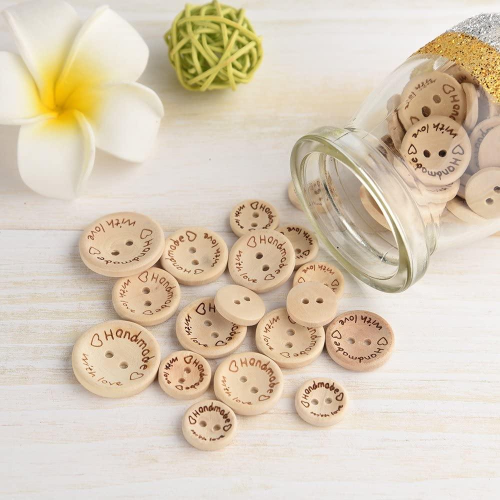 Oumefar Printed Handmade with Love Wooden Button Double Holes Handmade with Love Buttons DIY Clothes Sewing Accessories with Storage Box(15mm /
