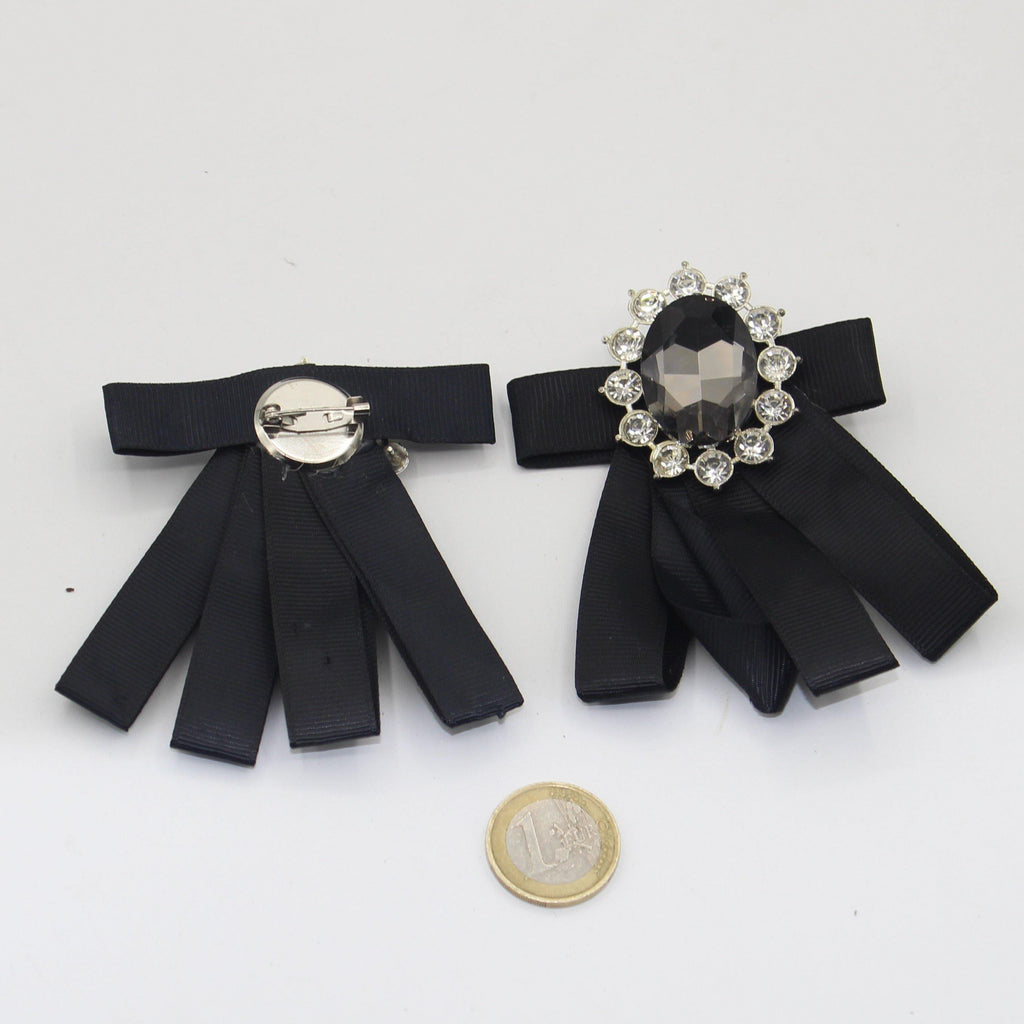 Set of 2 Bows with Safety Pin Black with Large Strass 7*9cm - ACCESSOIRES LEDUC