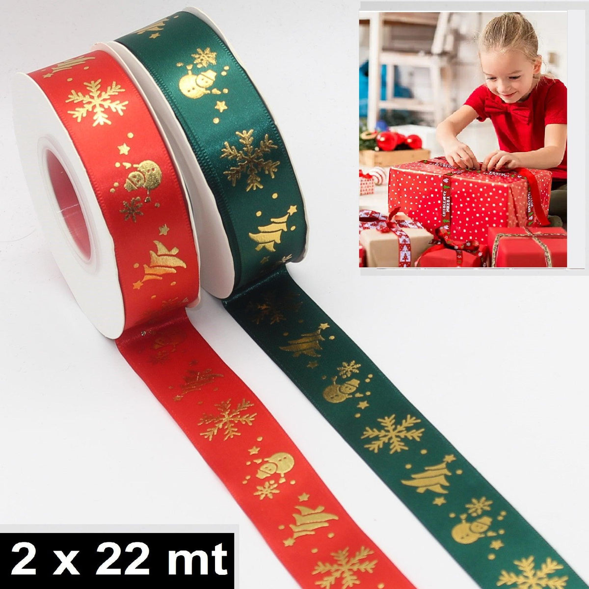 2 x 22 meters XMAS Deluxe Double Satin Ribbon (44 meters) - ACCESSOIRES LEDUC BV