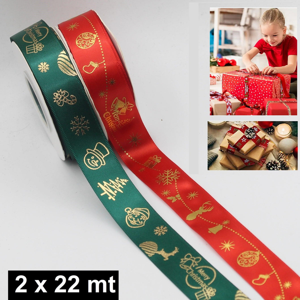 2 x 22 meters XMAS Deluxe Double Satin Ribbon (44 meters) - ACCESSOIRES LEDUC BV