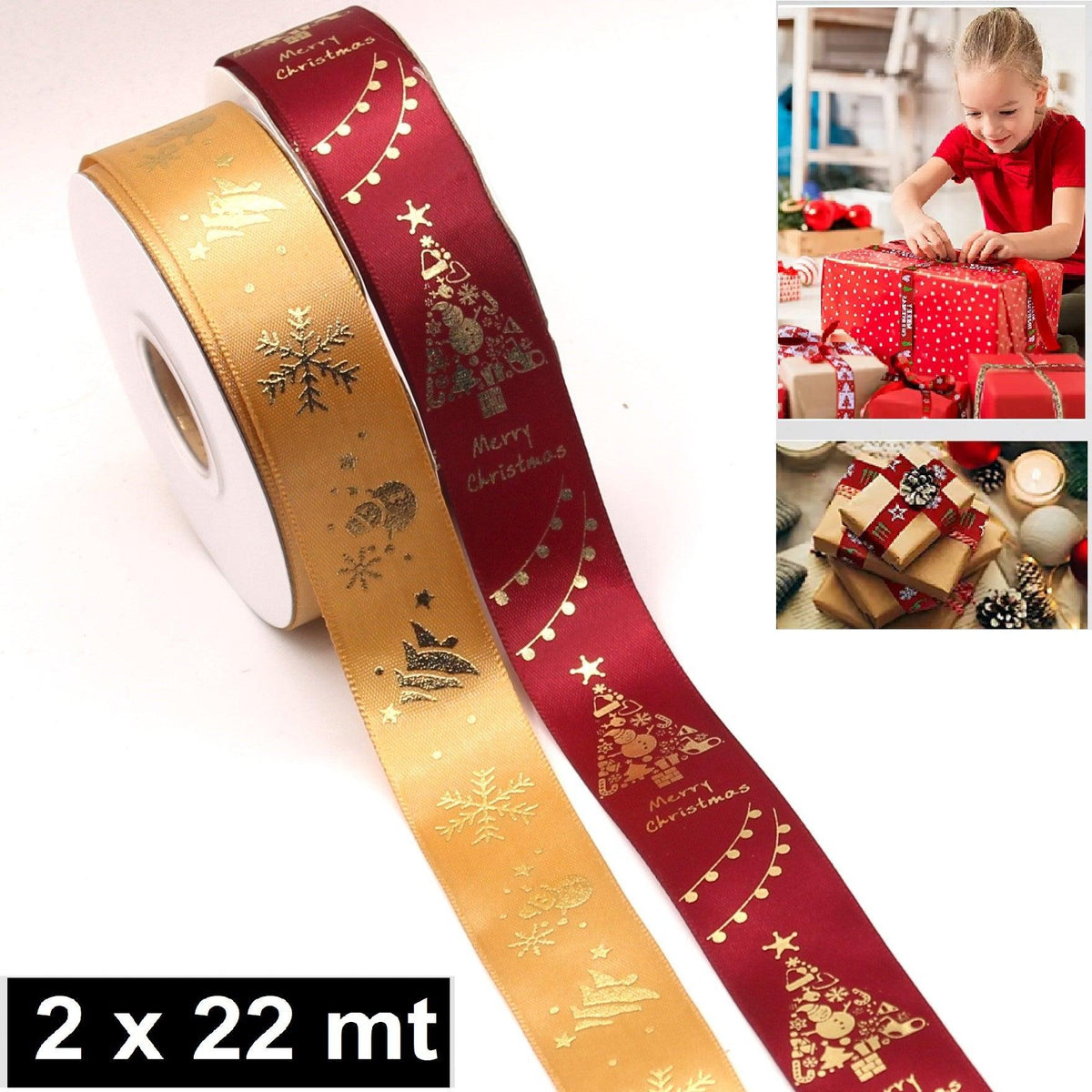 2 x 22 meters XMAS Deluxe Double Satin Ribbon (44 meters) - ACCESSOIRES LEDUC BV