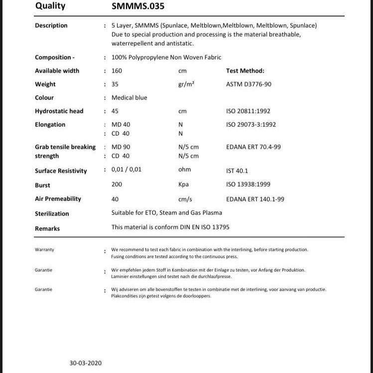CERTIFIED NON WOVEN FABRIC 100 METER ROLL - 20cm width - 1 METER = 5 MASKS - for 500 masks - ACCESSOIRES LEDUC BV