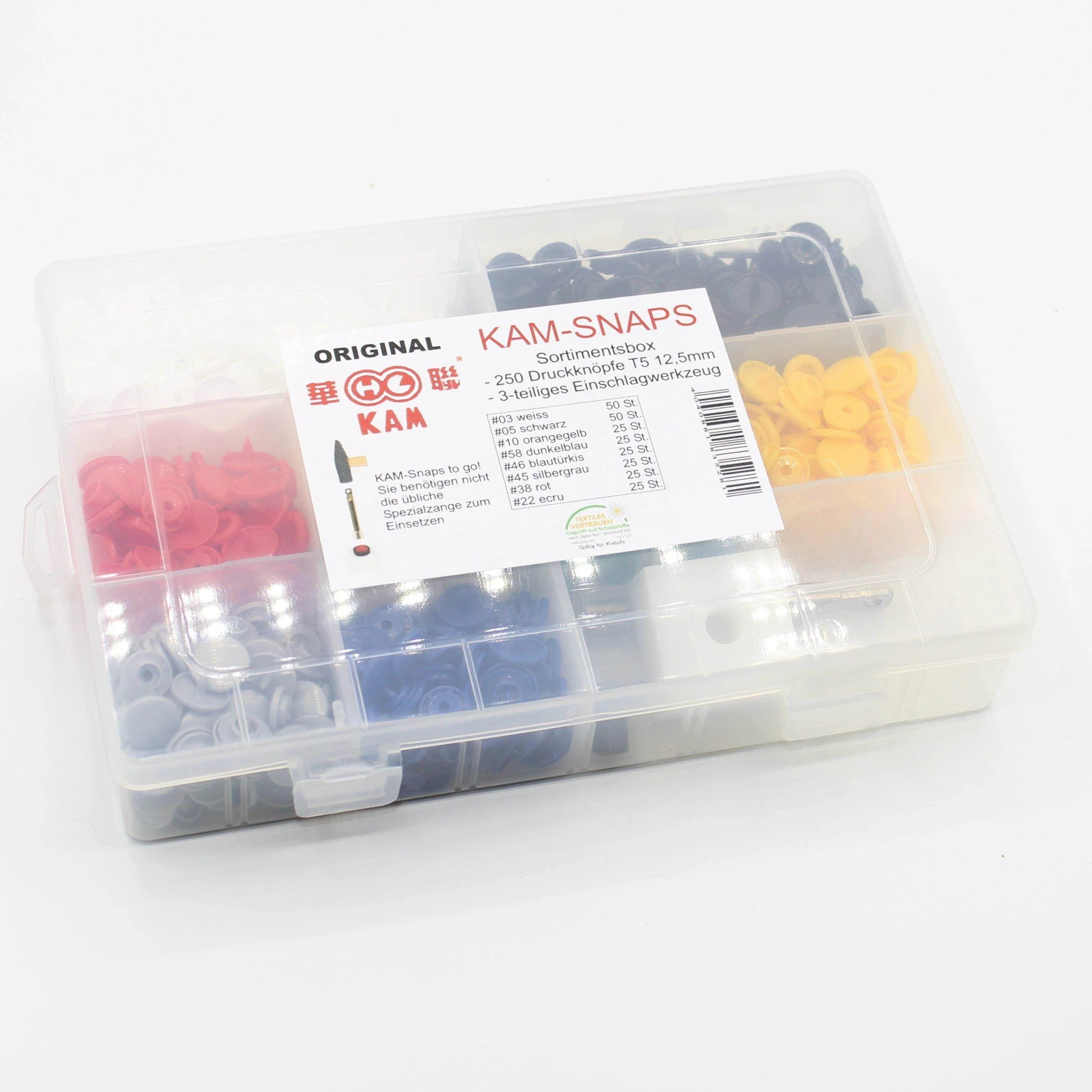 KAM snaps Box - 250 snaps + tool (8 colours) - ACCESSOIRES LEDUC BV