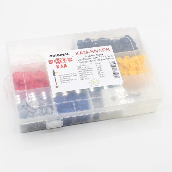 KAM Snaps Box - 250 Snaps + Werkzeug (8 Farben) - ACCESSOIRES LEDUC