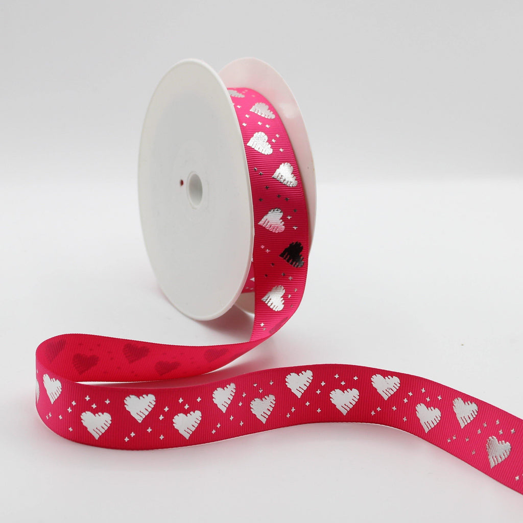 20 meters Saint Valentine's TAPE, Gros Grain tape 25mm with Silver Hearts - ACCESSOIRES LEDUC