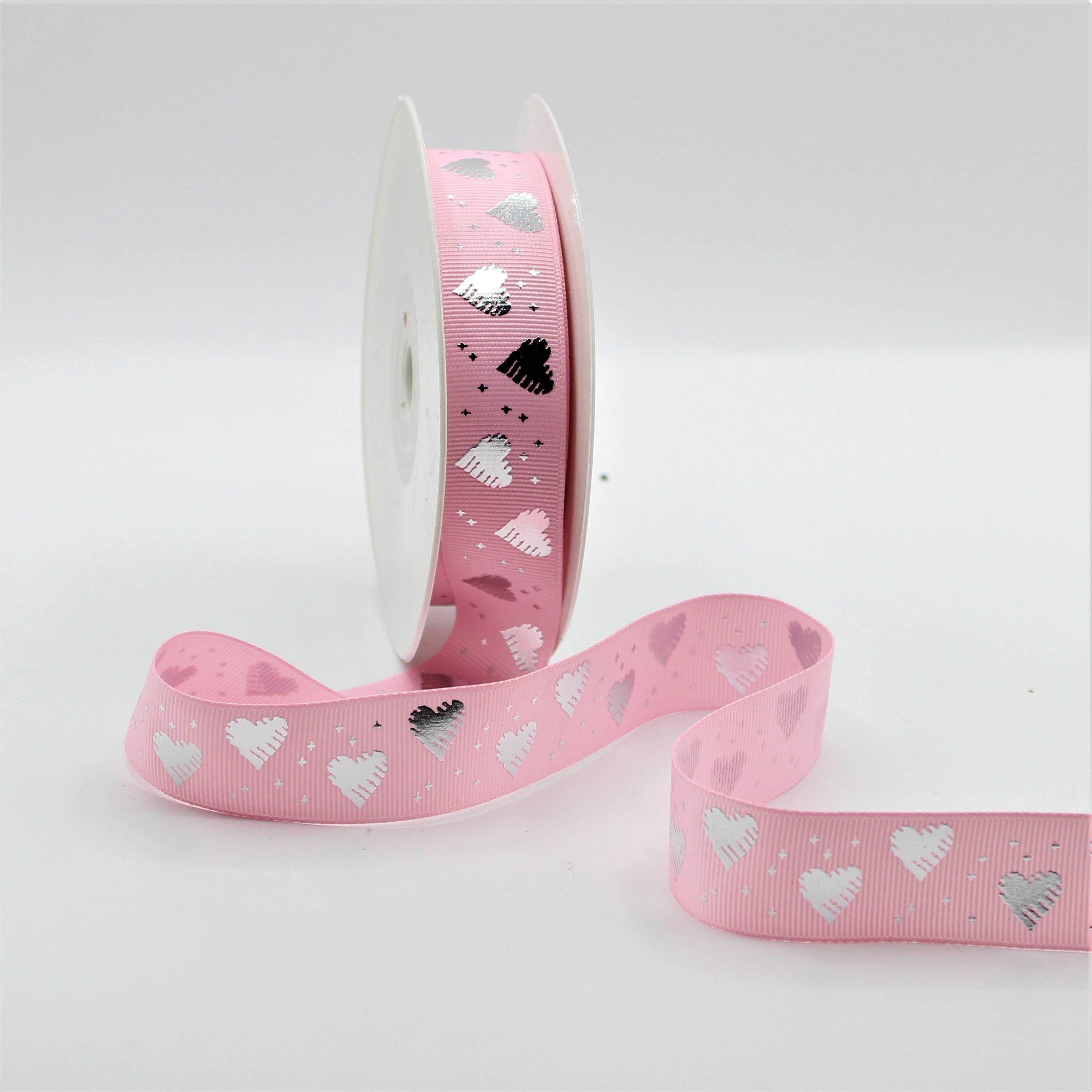 20 meters Saint Valentine's TAPE, Gros Grain tape 25mm with Silver Hearts - ACCESSOIRES LEDUC BV
