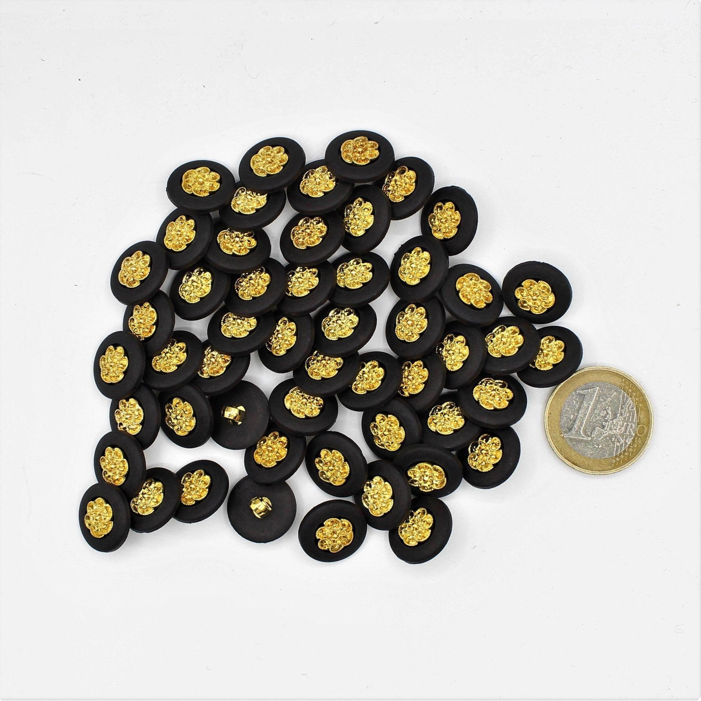 Black Button with Gold Floral Pattern 15 and 21mm - ACCESSOIRES LEDUC BV