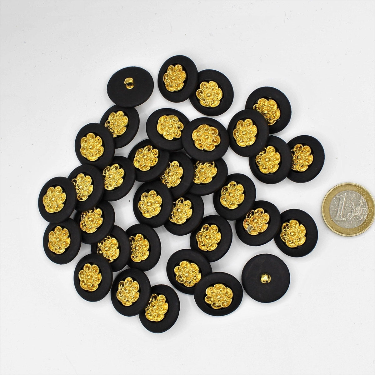 Black Button with Gold Floral Pattern 6 and 12mm - ACCESSOIRES LEDUC