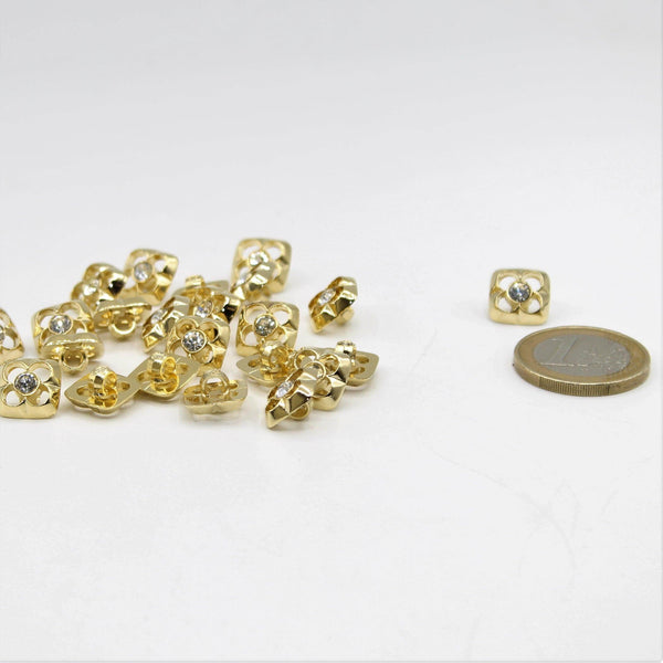Botón de caña cuadrada dorado o plateado con strass en el interior