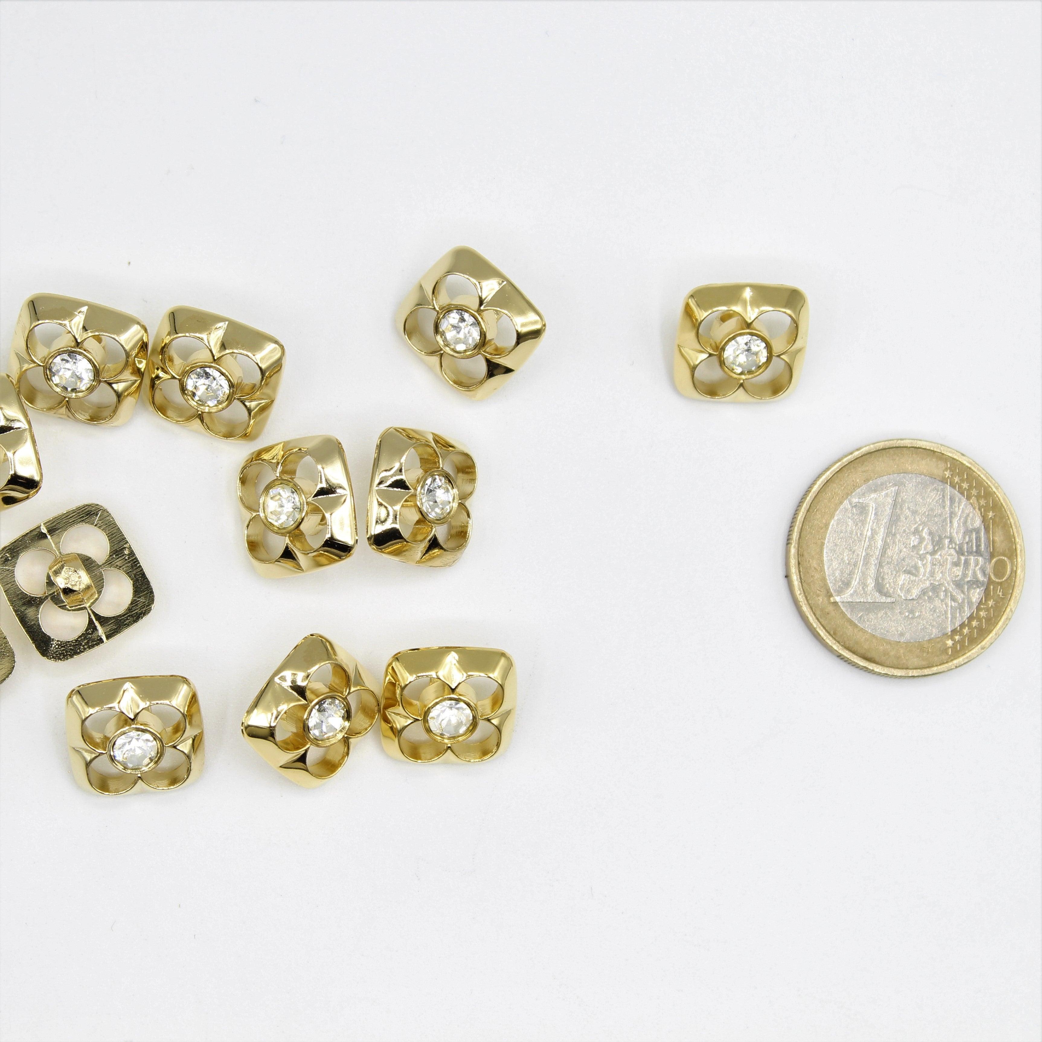 Gold or Silver Square Button with 4 Holes and Strass - ACCESSOIRES LEDUC