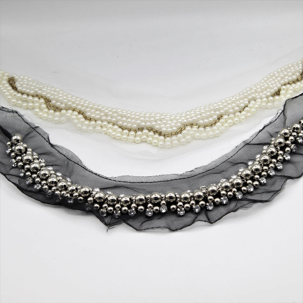 Black and white Collar Necklace with Strass Pearly 40x7 cm - ACCESSOIRES LEDUC