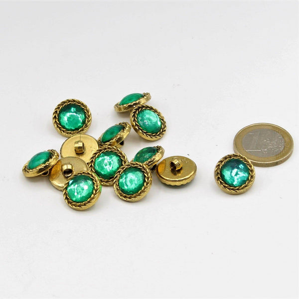 Botón con núcleo de joya verde con círculo dorado de 15, 20 y 23 mm