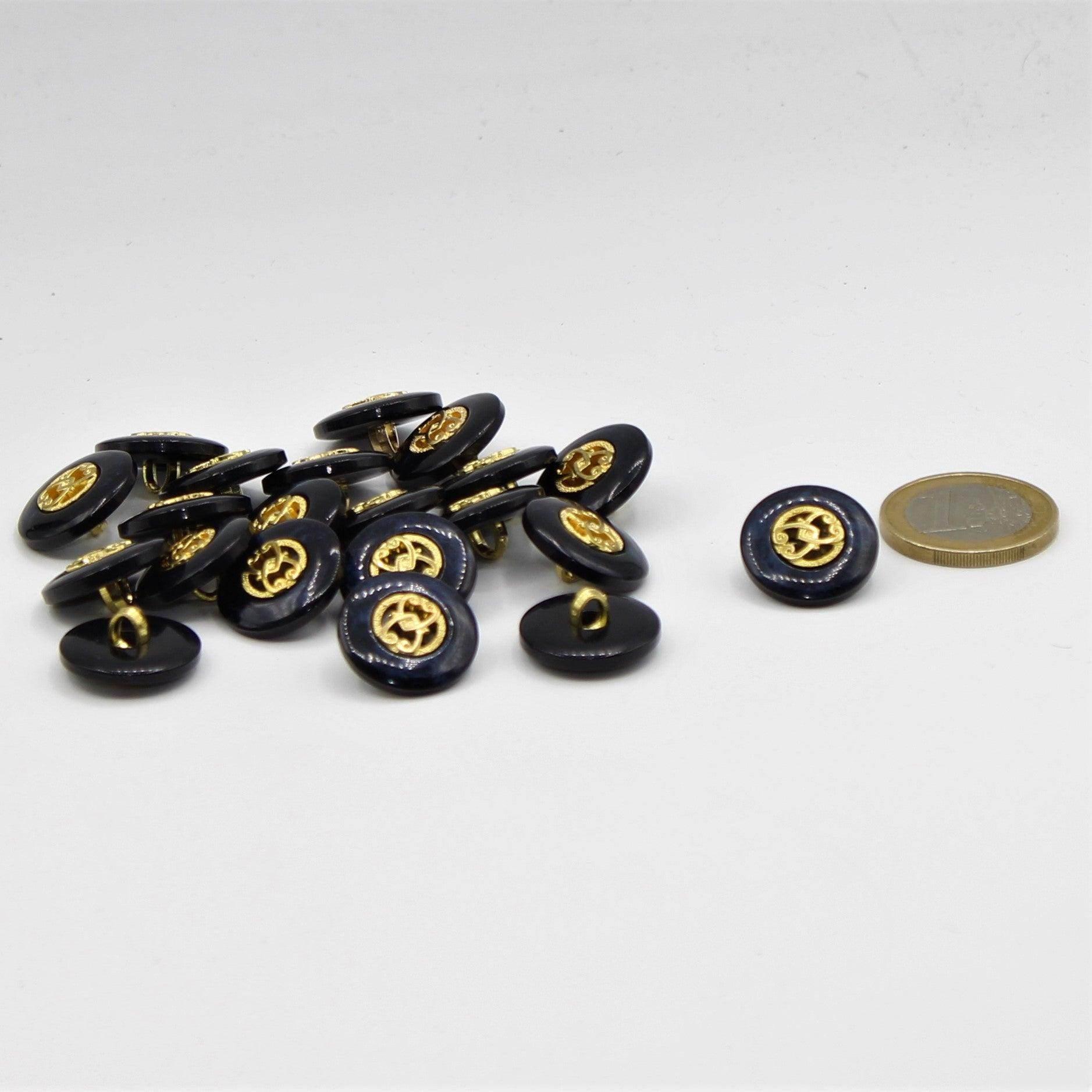Dark Blue Button with Gold Pattern 15 and 18mm - ACCESSOIRES LEDUC BV