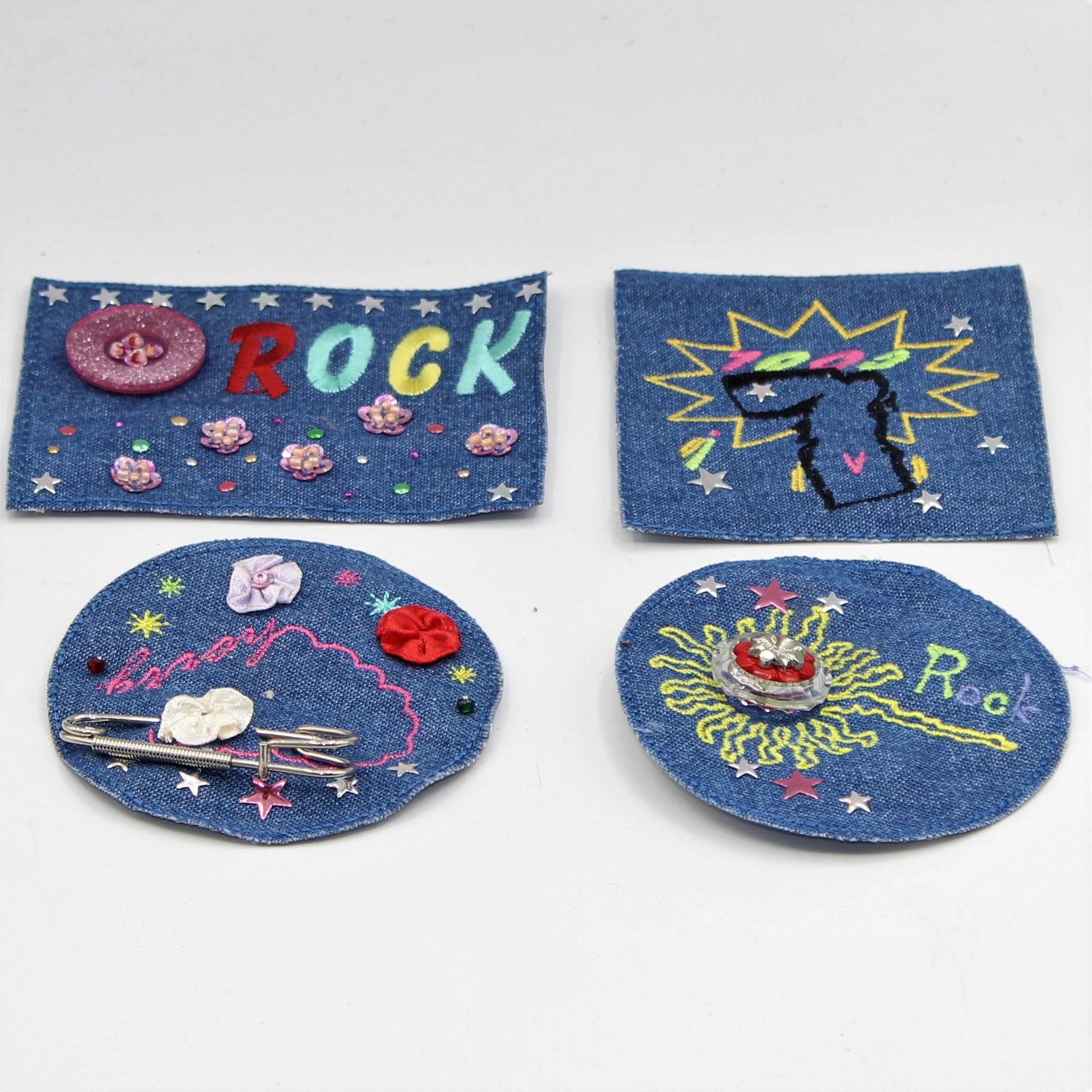 Blue Jeans Rock Patch with Pattern, Pin, Button. 8 and 10cm set of 2 - ACCESSOIRES LEDUC BV