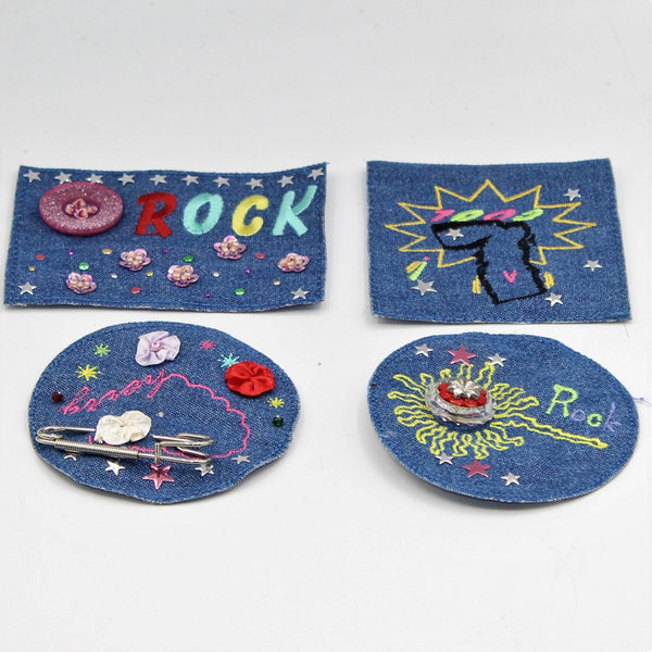 Blue Jeans Rock Patch with Pattern, Pin, Button. 8 and 10cm set of 2 - ACCESSOIRES LEDUC BV