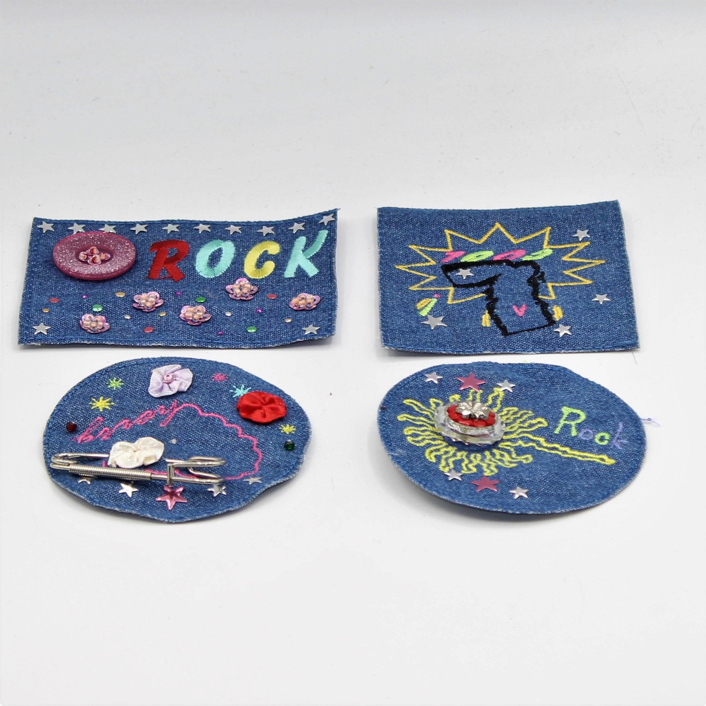 Blue Jeans Rock Patch with Pattern, Pin, Button. 8 and 10cm set of 2 - ACCESSOIRES LEDUC BV