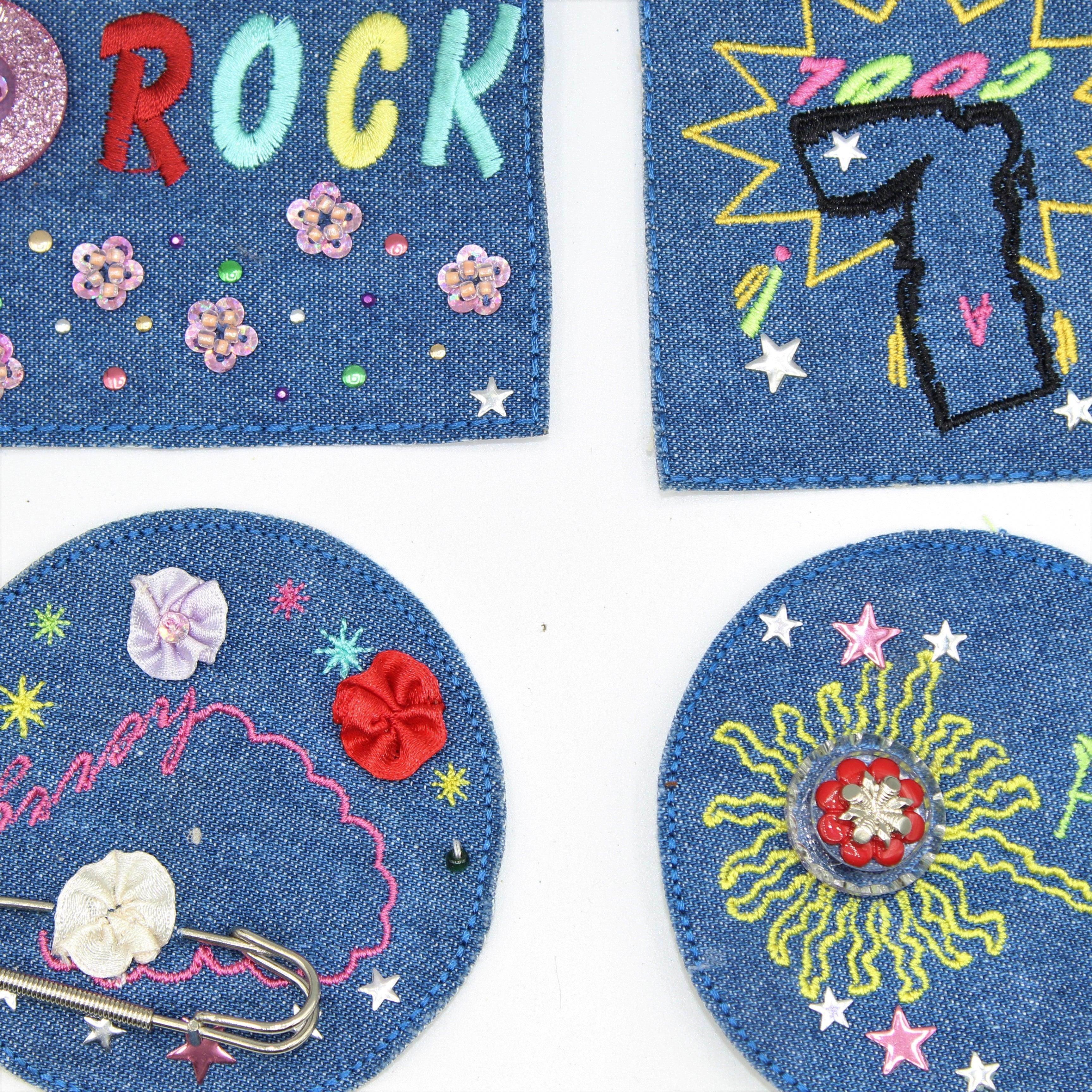 Blue Jeans Rock Patch with Pattern, Pin, Button. 8 and 10cm set of 2 - ACCESSOIRES LEDUC BV