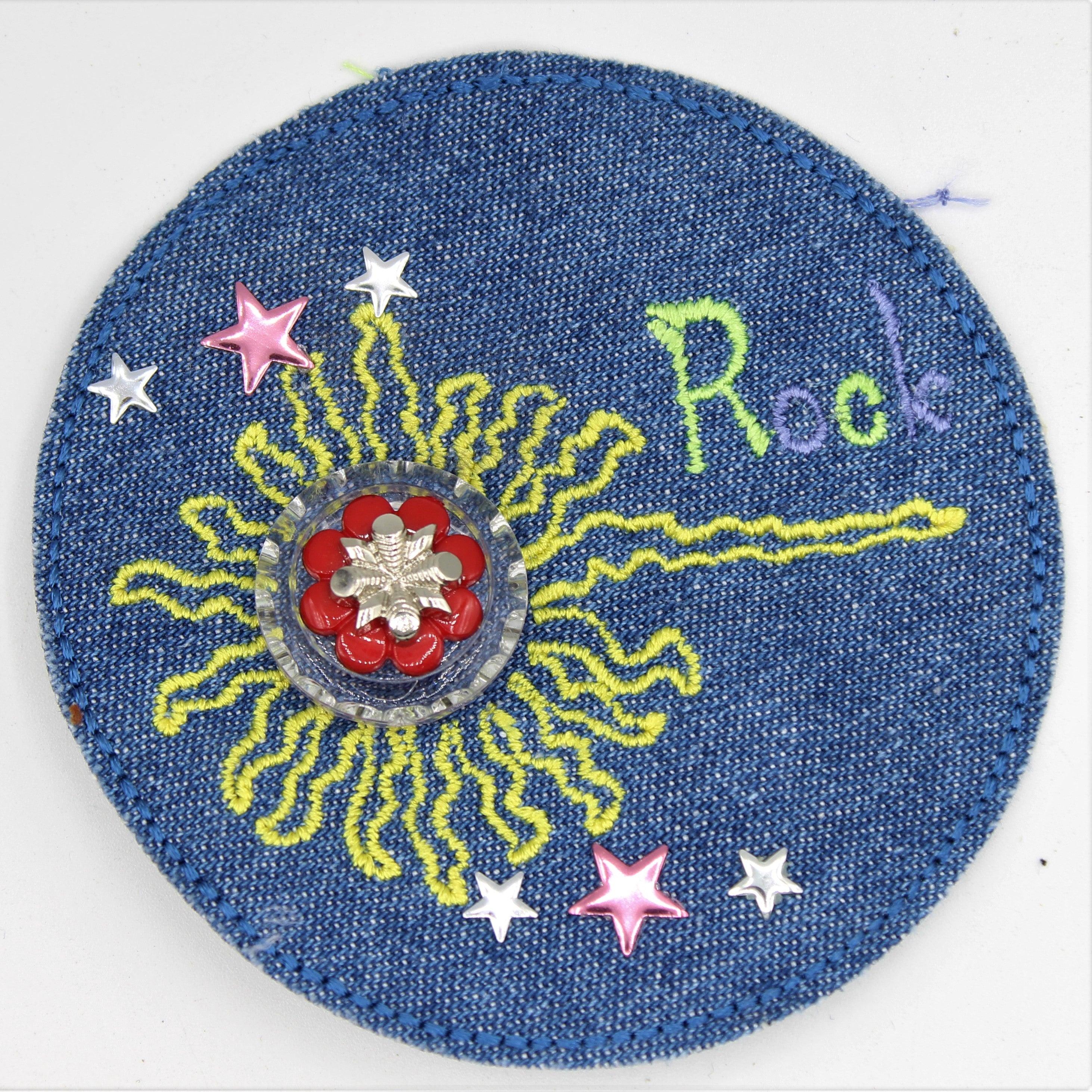 Blue Jeans Rock Patch with Pattern, Pin, Button. 8 and 10cm set of 2 - ACCESSOIRES LEDUC