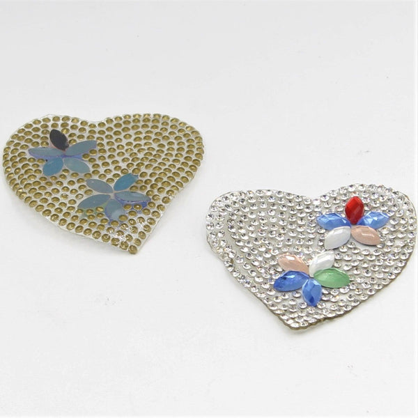 Set of 2 Heart Iron-on Patch with Silver Strass and Colored Diamond 6cm - ACCESSOIRES LEDUC