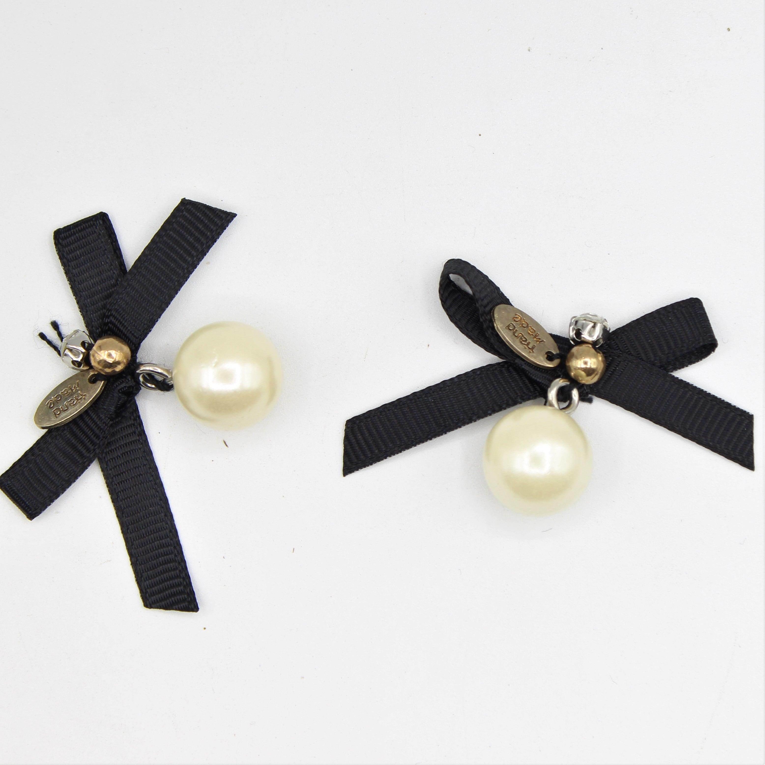 2x Black Bow Tie with Pearl and Strass, Handmade 40x20mm - ACCESSOIRES LEDUC BV